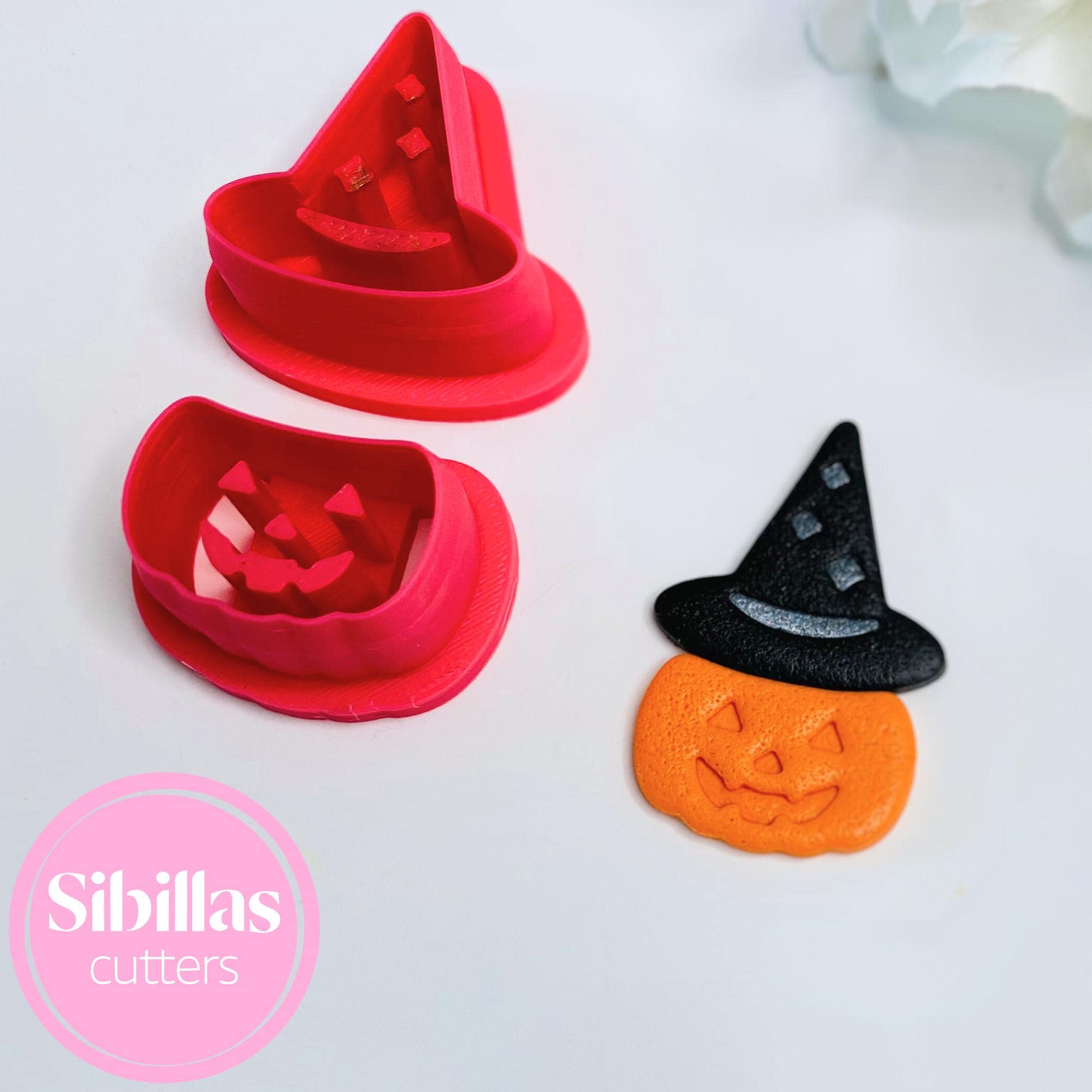 Pumpkin with magic hat clay cutter for creating Halloween polymer clay earrings