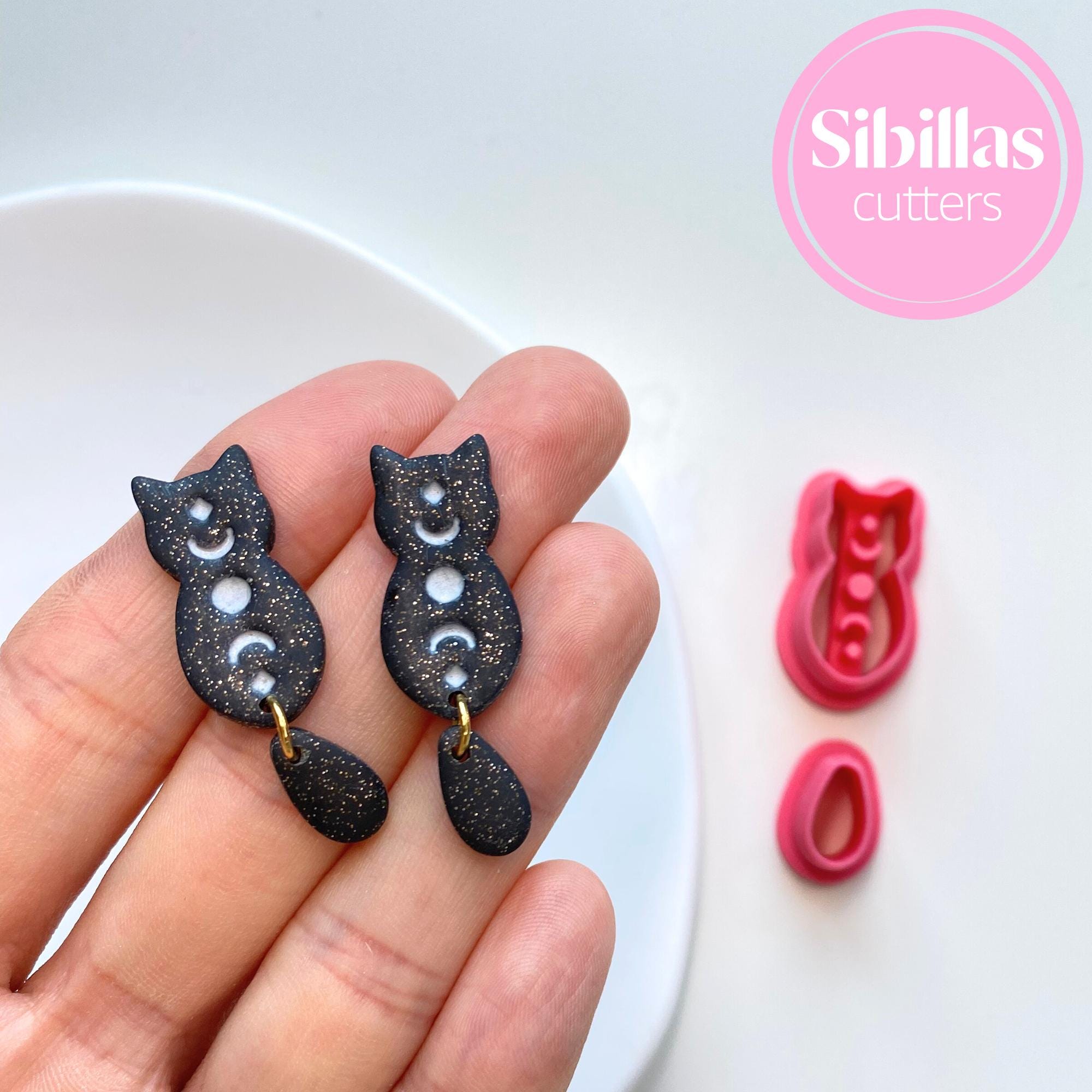 Black cat clay cutter with celestial design for polymer clay jewelry and charms