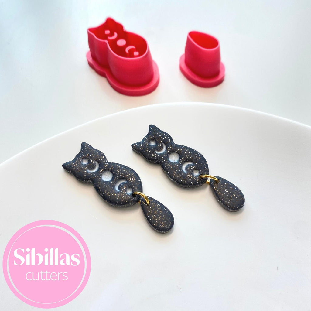Celestial-themed black cat cutter for DIY polymer clay earrings and crafts