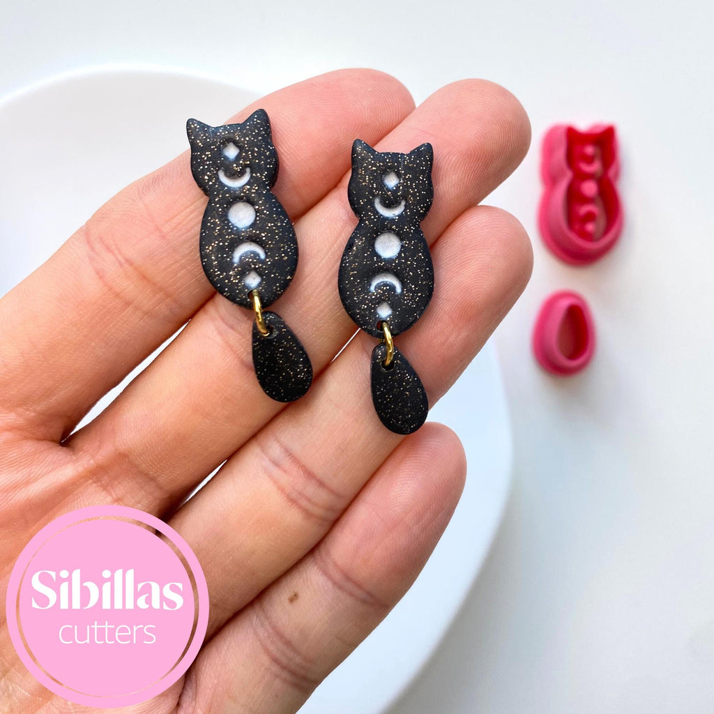 Celestial black cat polymer clay cutter for Halloween and zodiac-inspired earrings