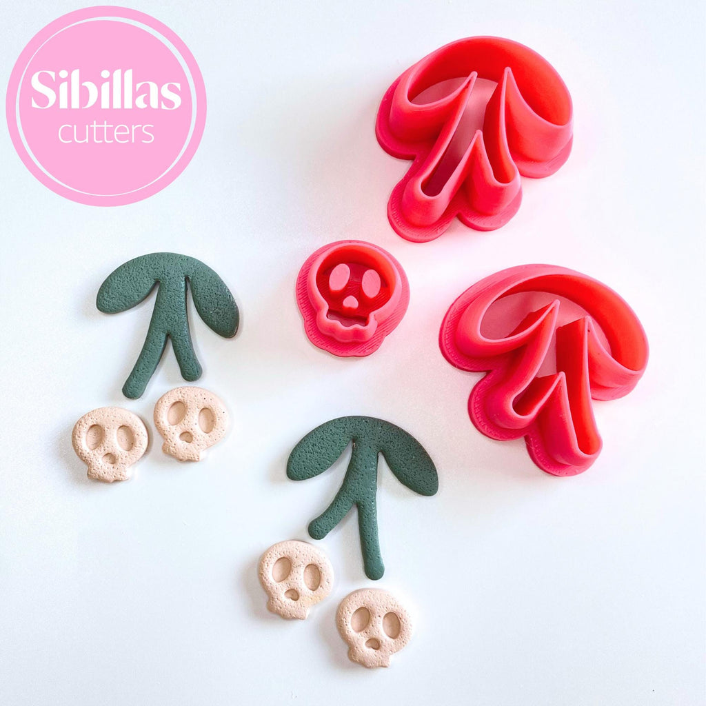 Cherry skull polymer clay cutter for Halloween earrings, charms, and spooky crafts