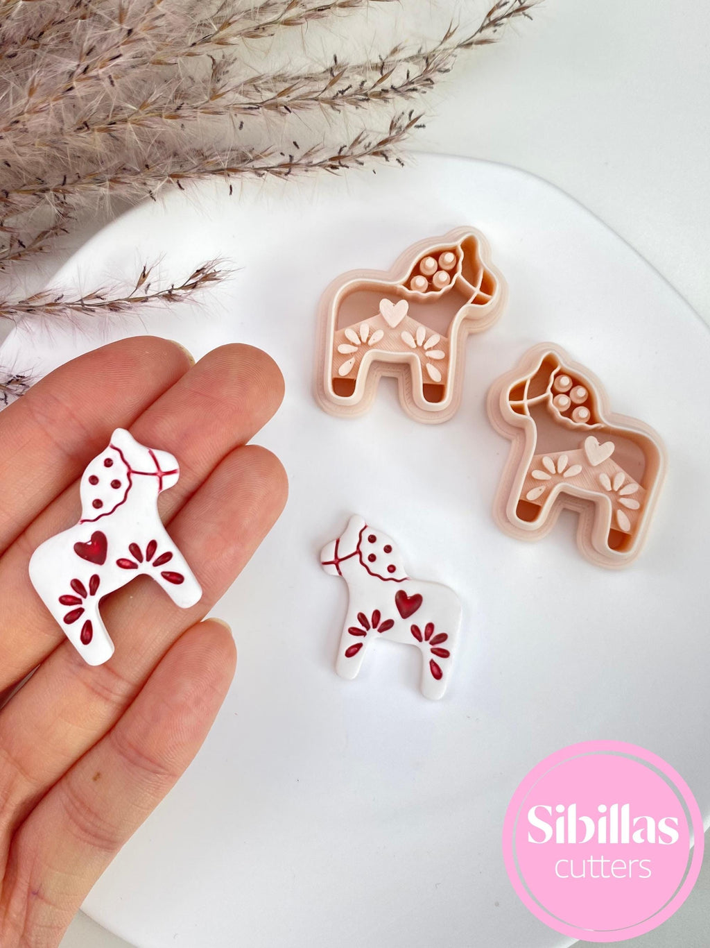Nordic Dala Horse polymer clay cutters in mirrored Scandinavian folk art style
