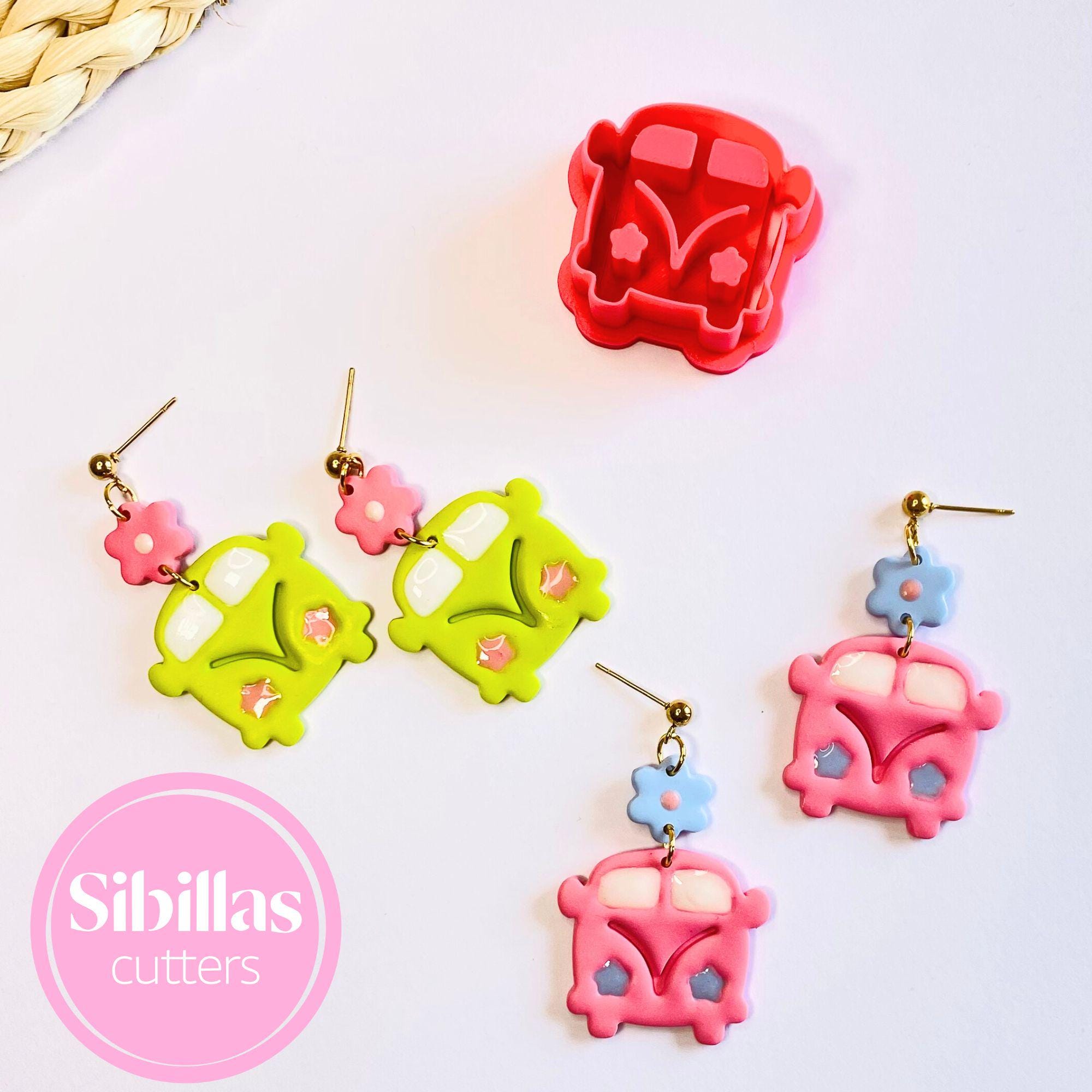 Polymer clay cutter shaped like a retro bus for boho-themed earrings and crafts
