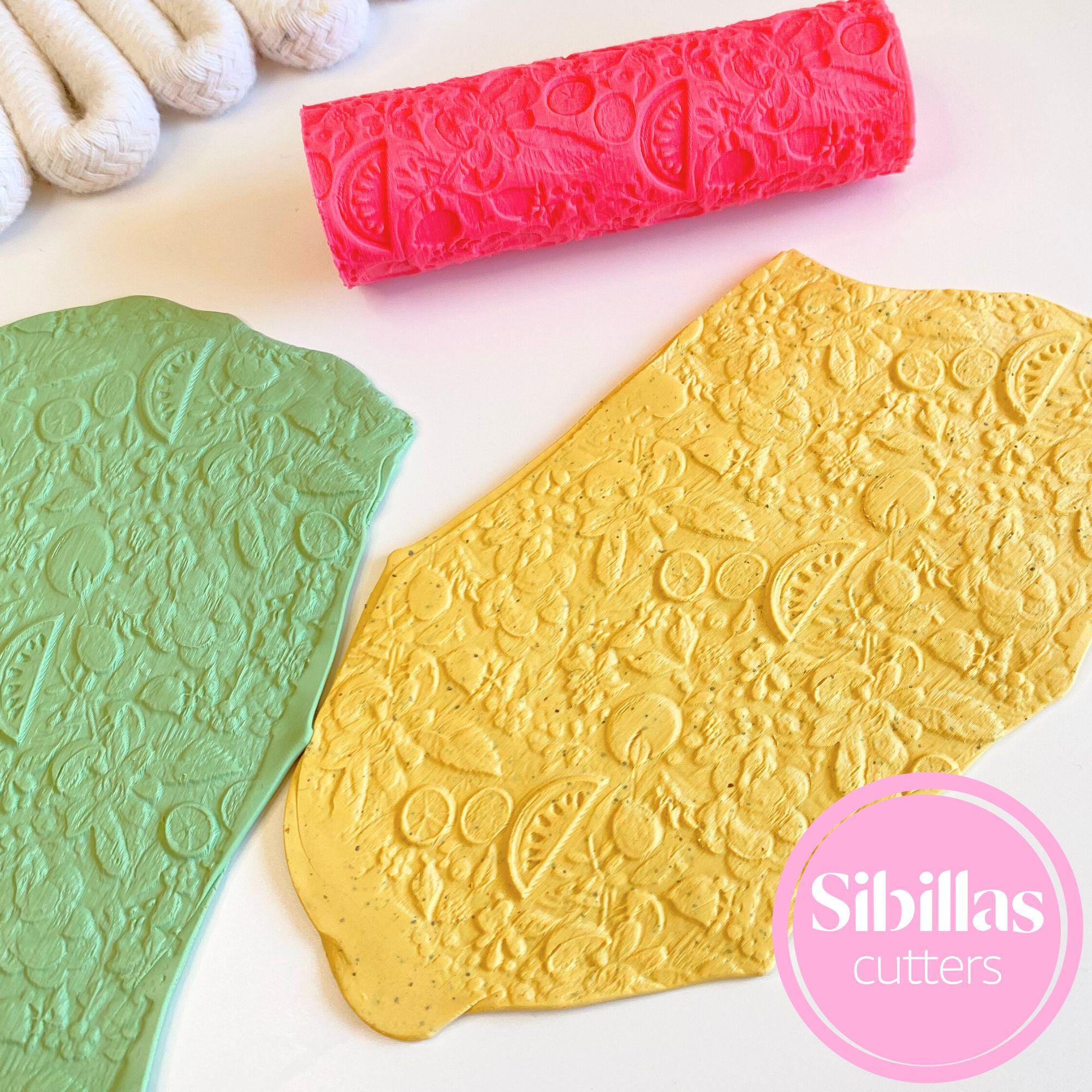 Reusable summer fruits texture roller for creating floral embossed polymer clay sheets