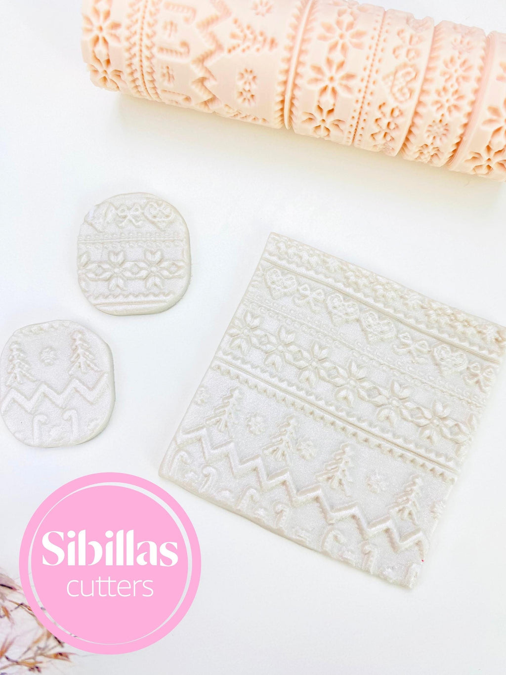 Reusable Nordic holiday clay roller for creating embossed polymer clay sheets and jewelry