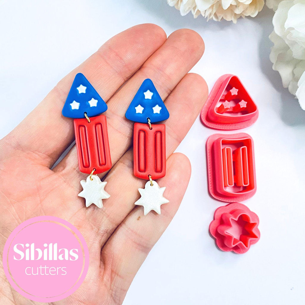 Firecracker design clay cutters for creating 4th of July polymer clay earrings