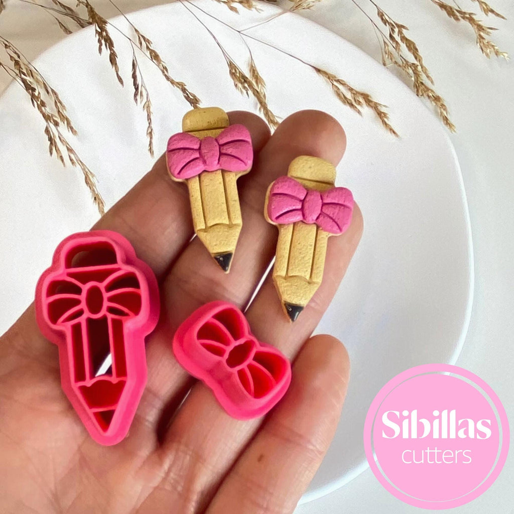 Embossed pencil bow polymer clay cutter for DIY earrings and school crafts