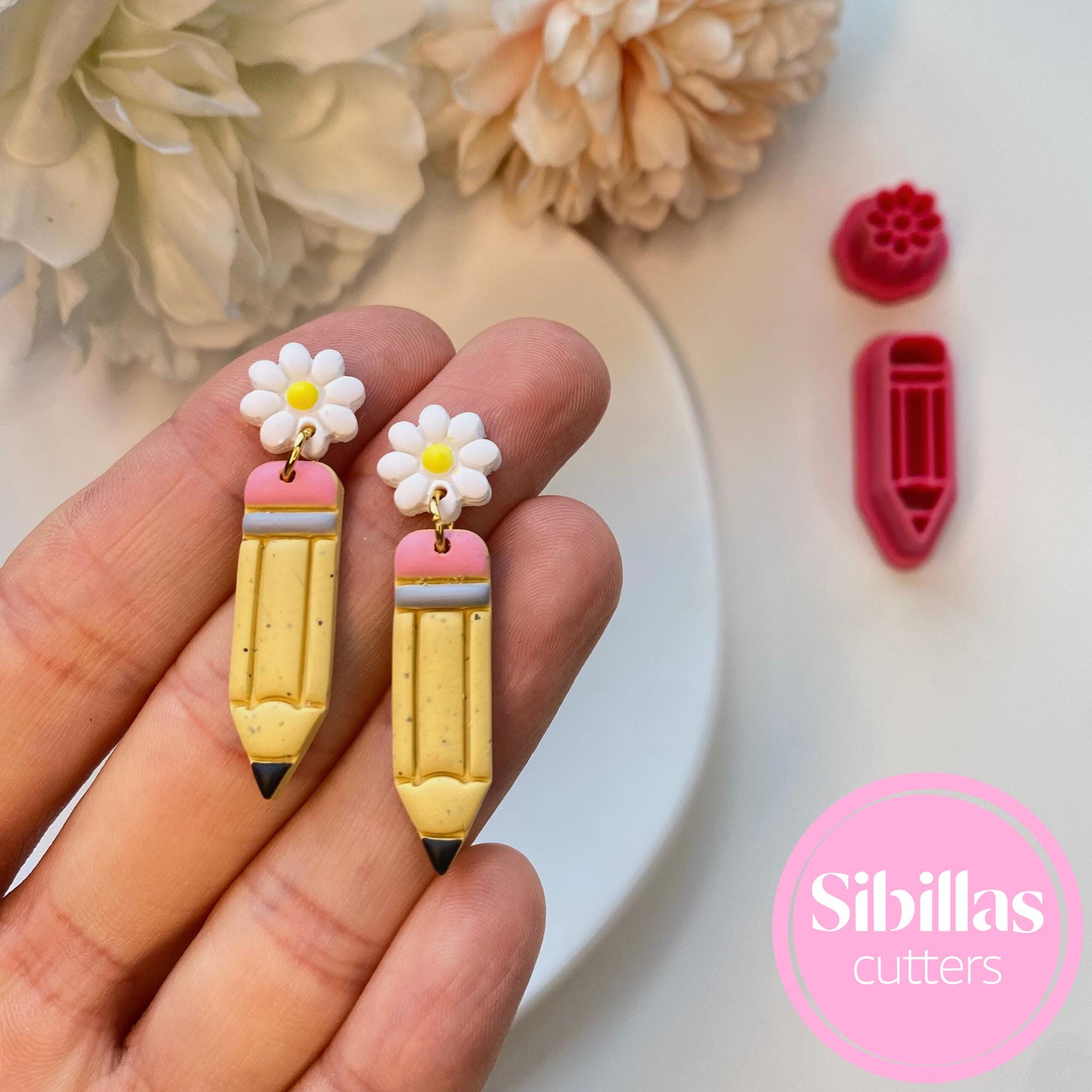 Pencil and flower design clay cutter for creating polymer clay earrings and charms