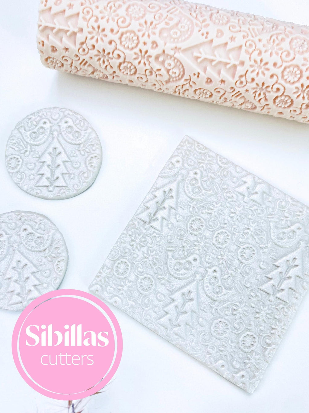 Folk Christmas texture roller for polymer clay, pottery, ceramics, and jewelry making