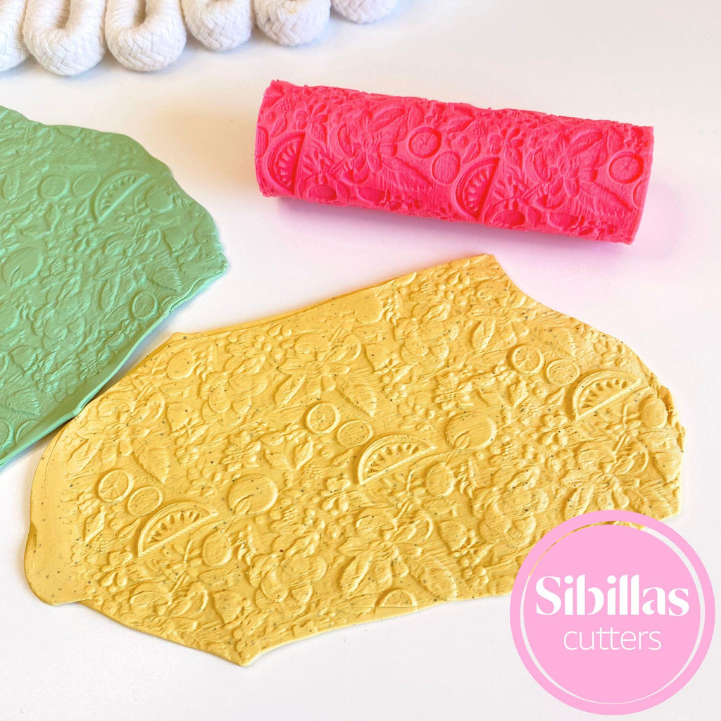 Summer fruits clay texture roller with floral embossed pattern for polymer clay