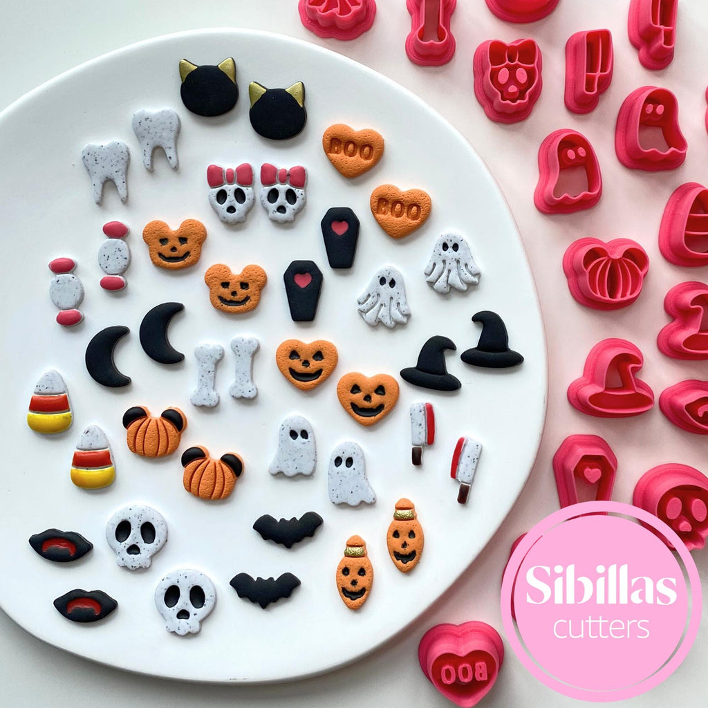 cute Halloween clay cutter results including pumpkins, candy corn, ghosts, and coffins
