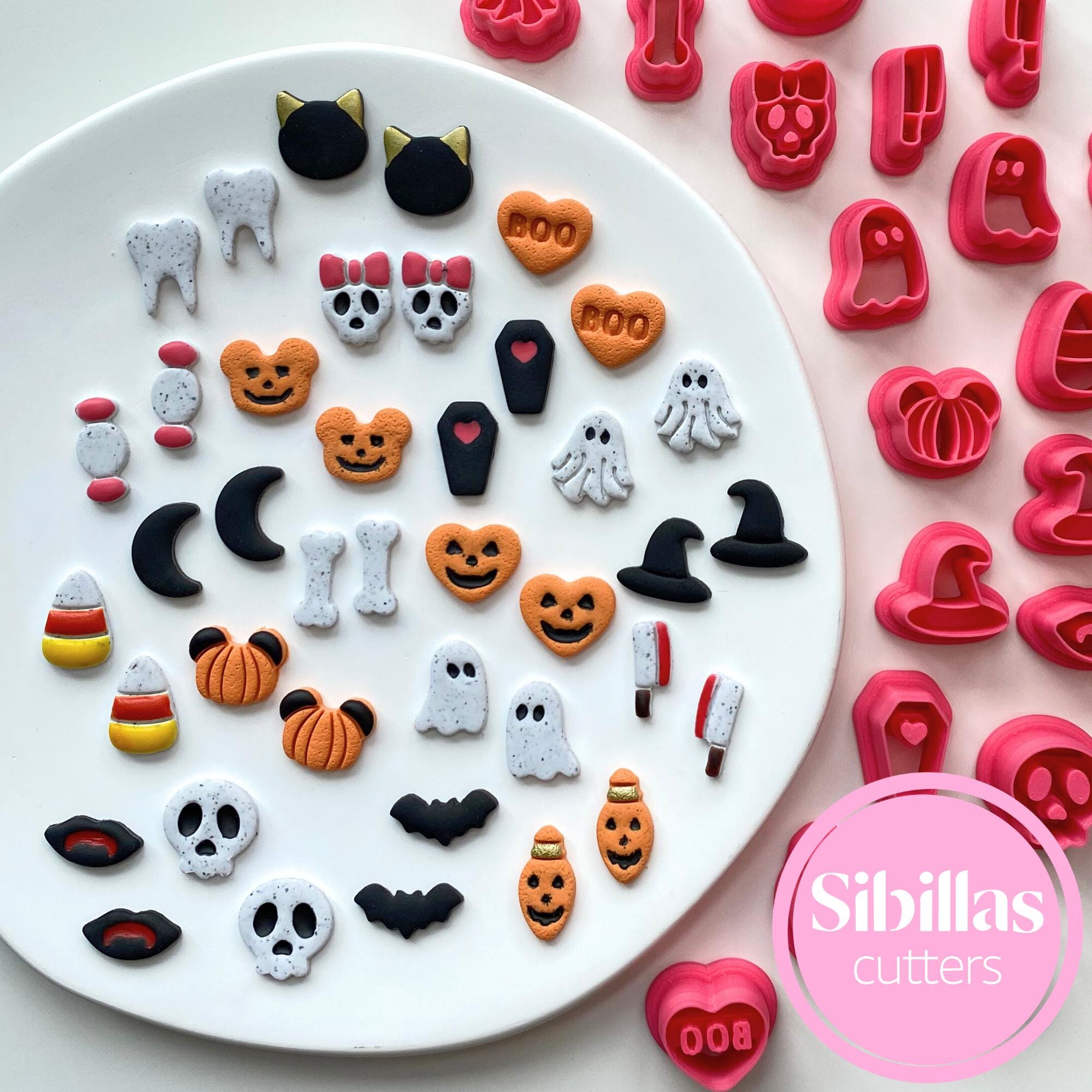 cute Halloween clay cutter results including pumpkins, candy corn, ghosts, and coffins