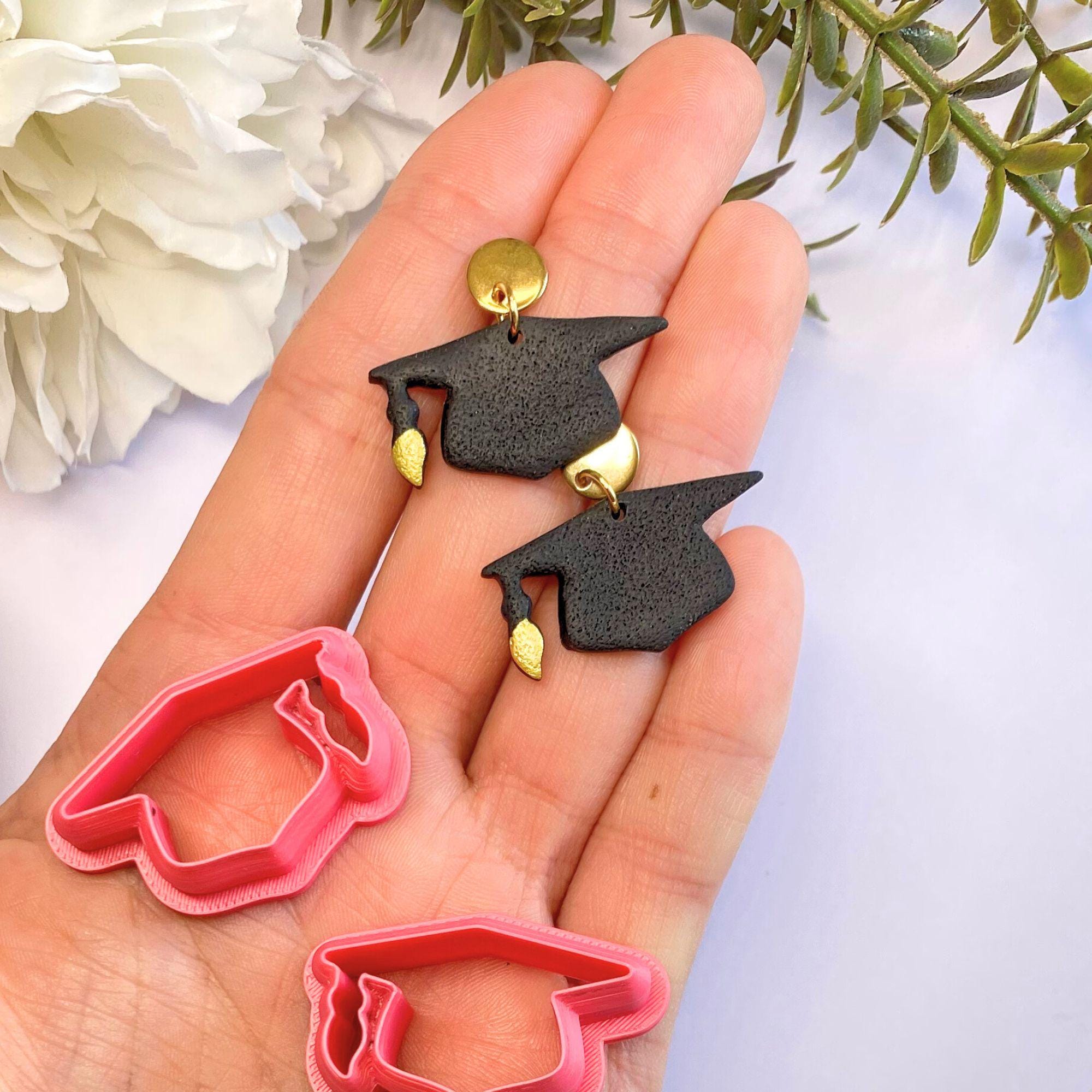 Grad cap-shaped cutter for polymer clay earrings, fondant, and craft projects