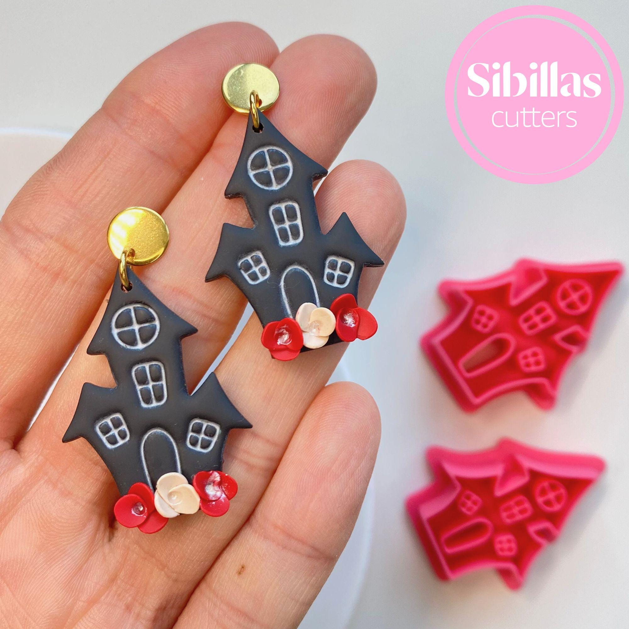 Polymer clay cutter in haunted house shape for spooky earrings and decorations