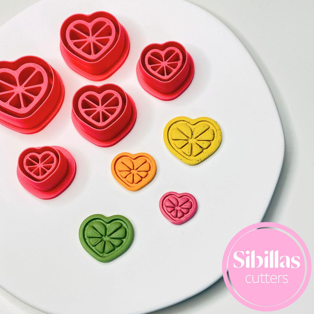 Polymer clay cutter featuring heart lemon slice shape for cute earrings and crafts