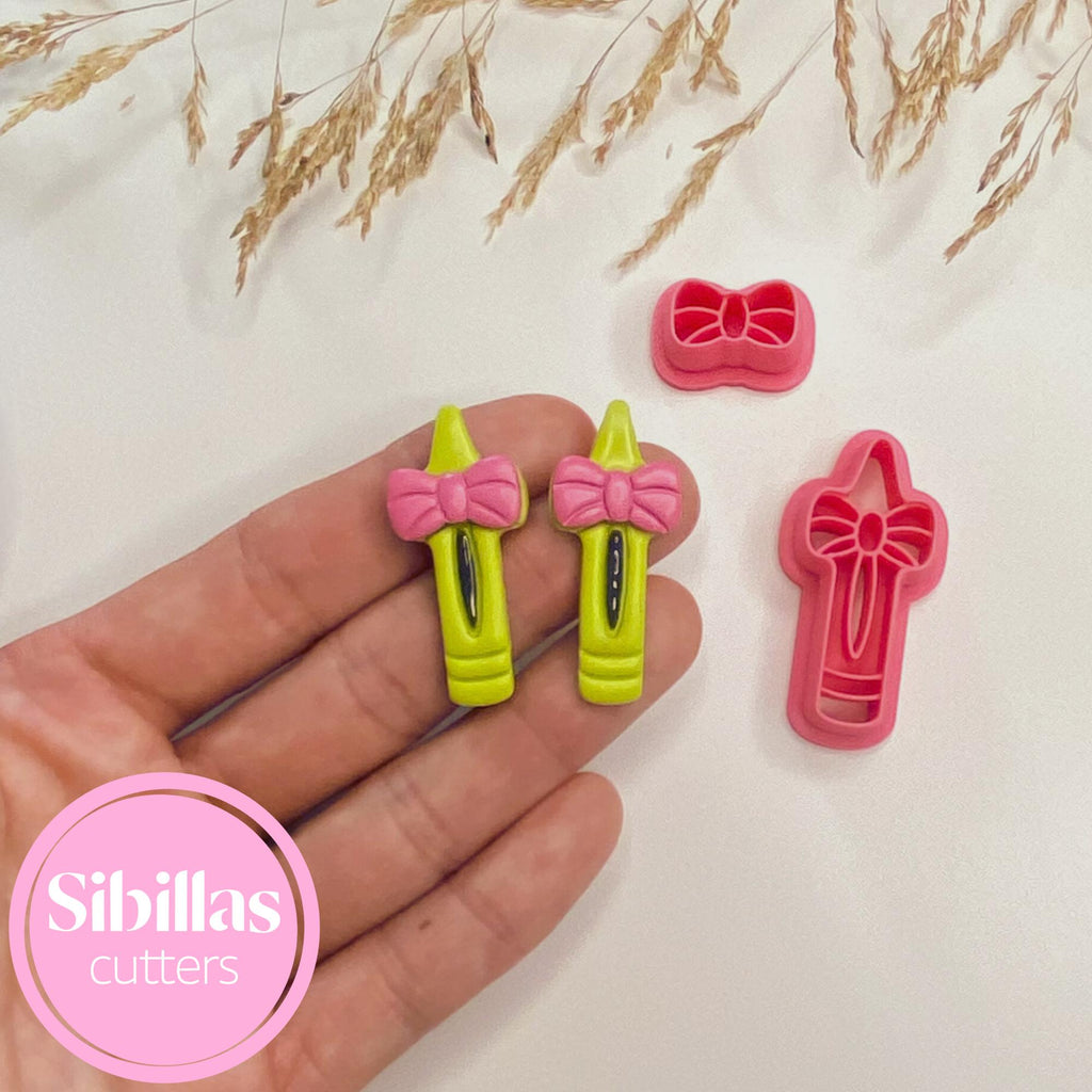 Crayon polymer clay cutter, Embossed Fall dangle earrings cutter, Cute school Jewelry gift, Fun Teacher clay tool, Pencil with bow Creations