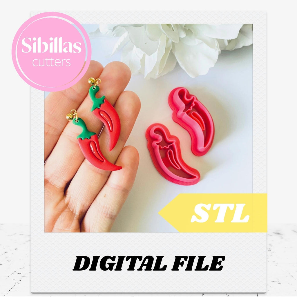 Chili clay cutter STL: Vegetable Earring polymer clay stamp (Digital Download)