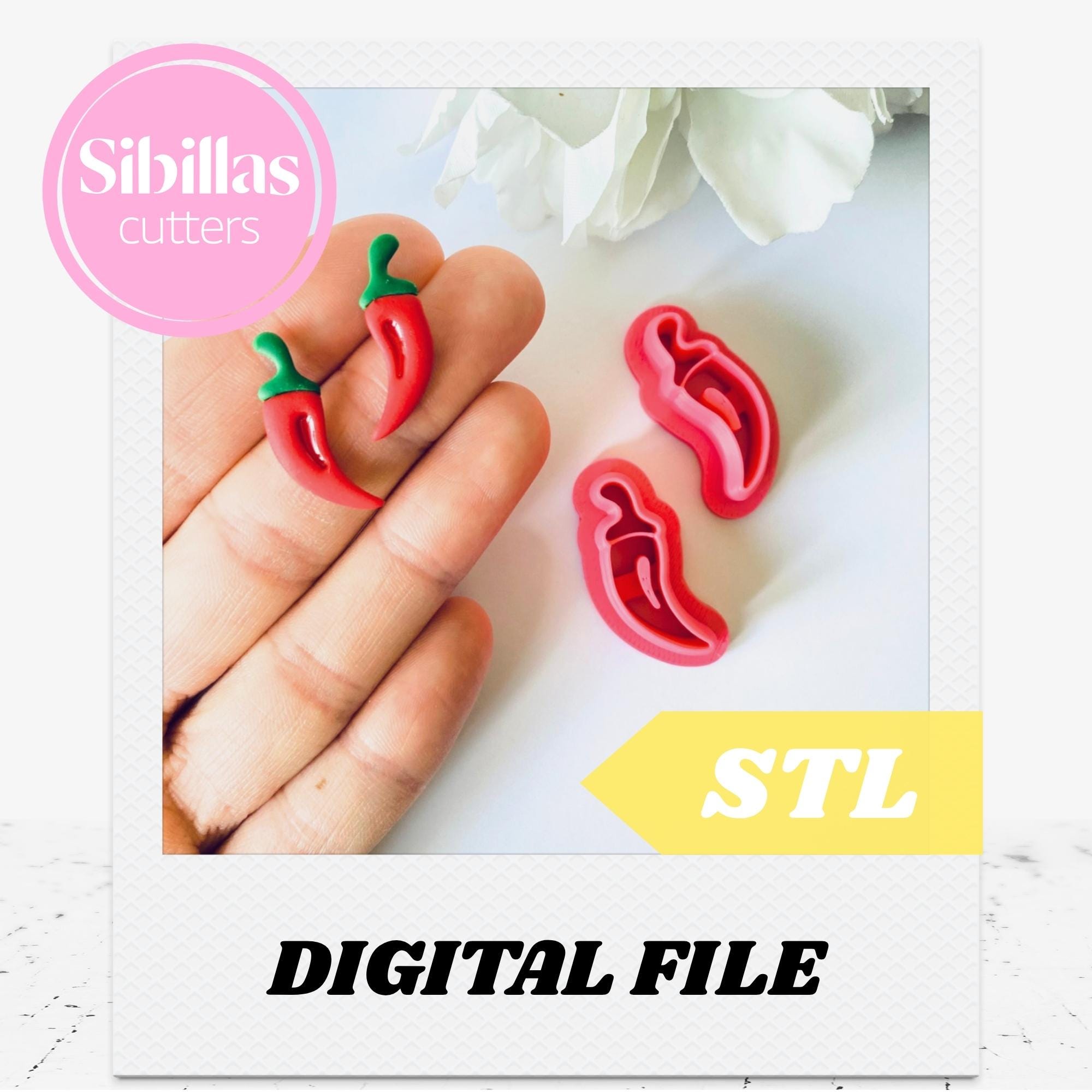 Chili Pepper Clay Cutter STL file: Vegetable stud polymer clay stamp with tapered edges