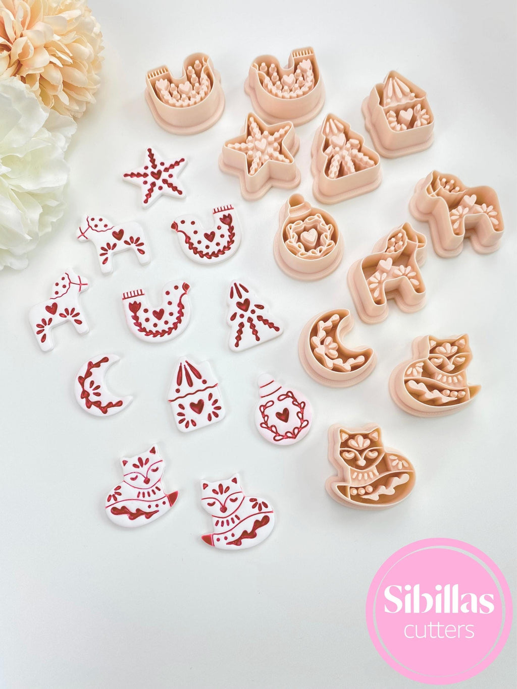 Nordic Christmas Tree Polymer Clay Cutters: Mirrored Folk Art Earring Set