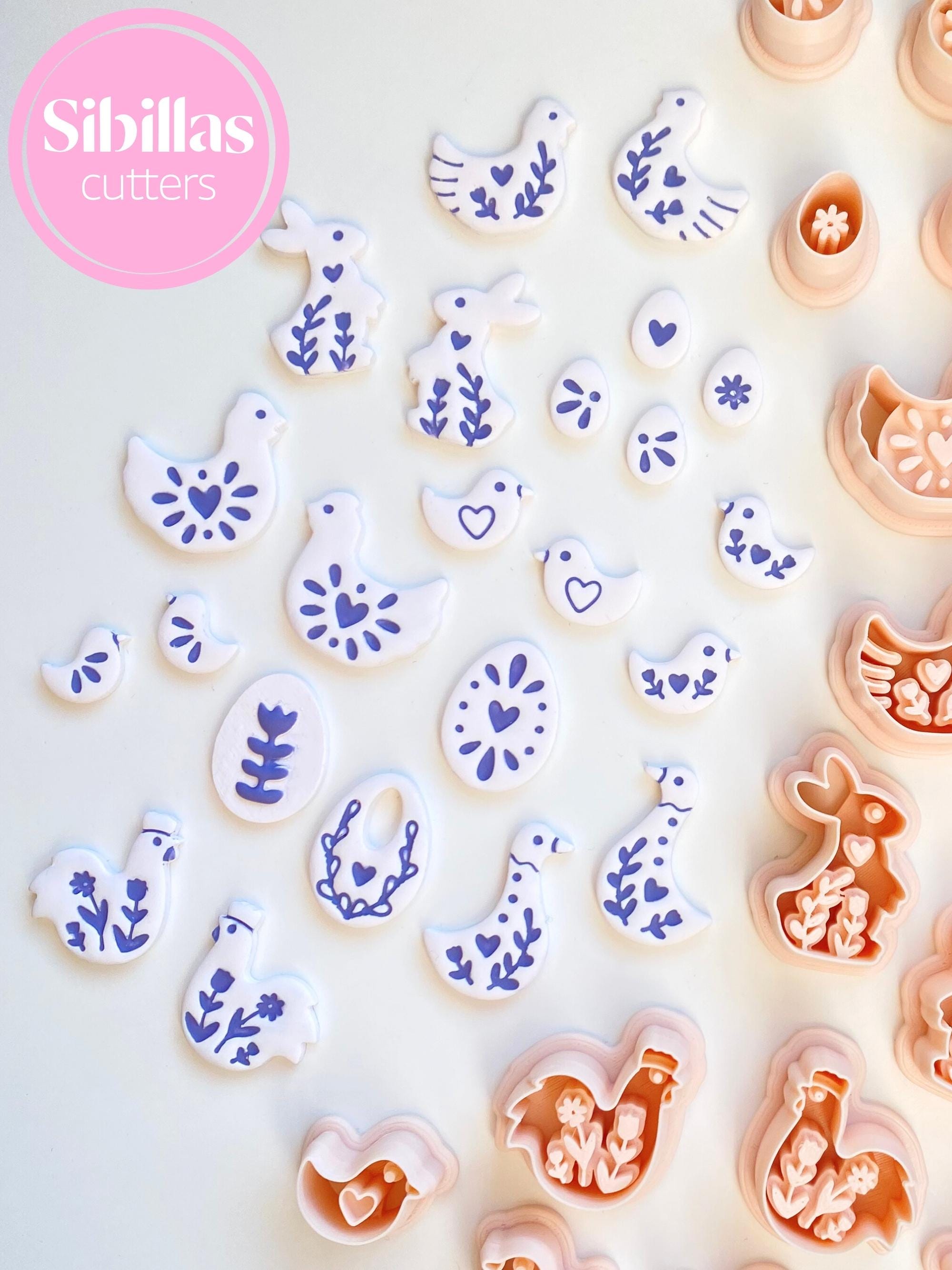 Clay earrings cutter chicken: Folk art clay cutter mirrored set