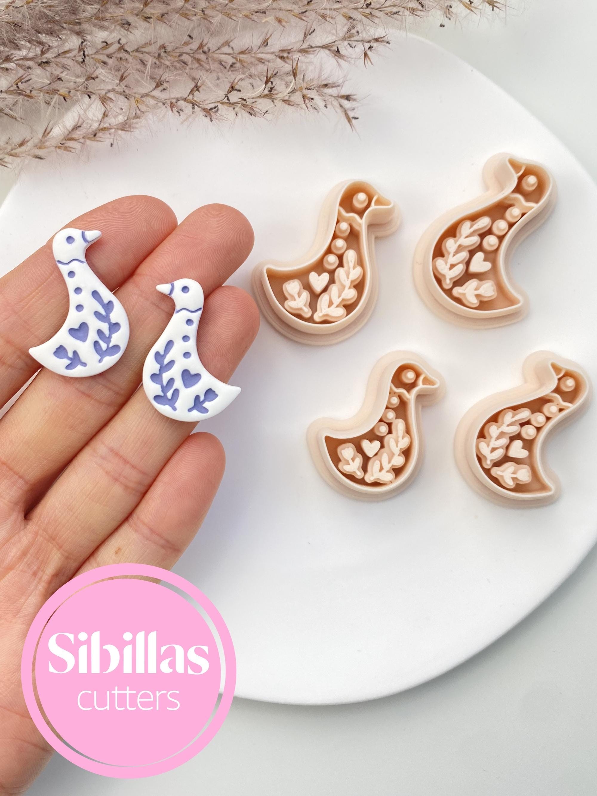 Folk art clay cutter: Floral goose polymer clay earring supply