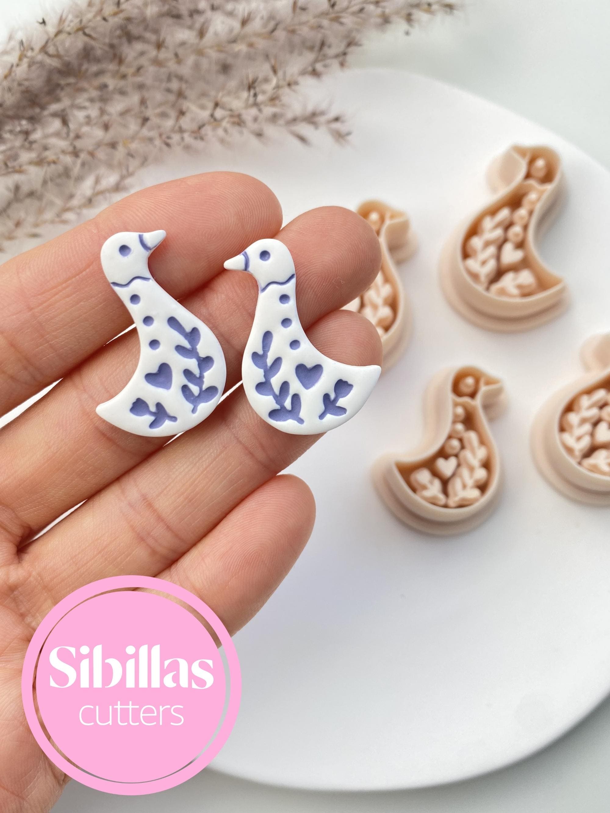 Folk art clay cutter: Floral goose polymer clay earring supply