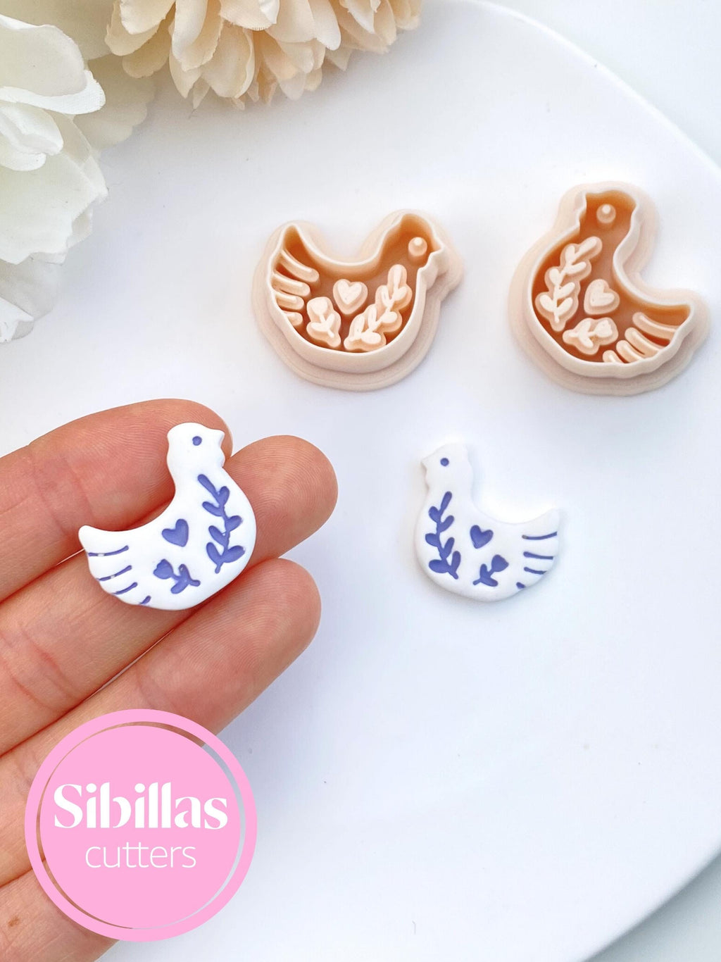 Clay earrings cutter chicken: Folk art clay cutter mirrored set