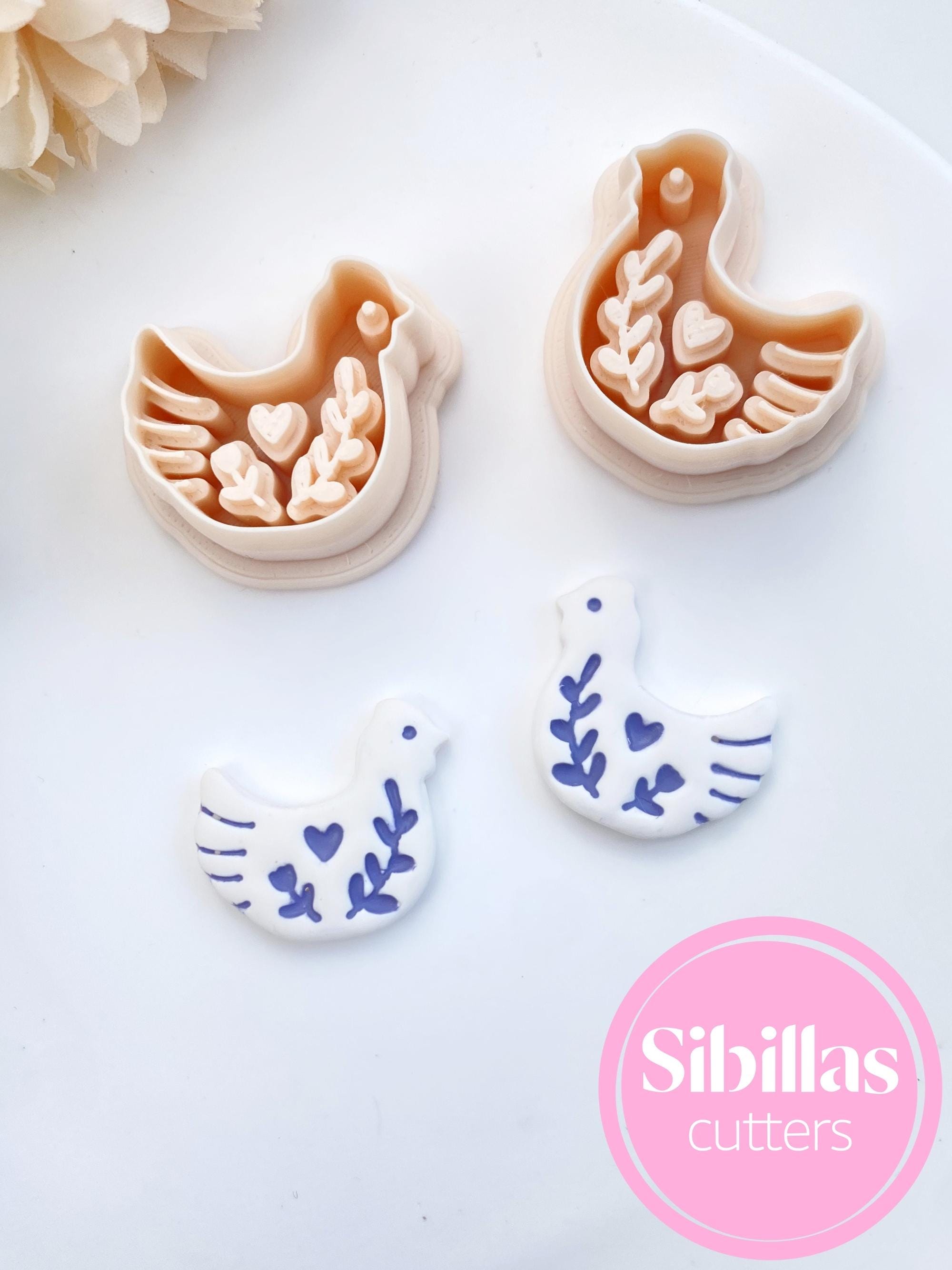 Clay earrings cutter chicken: Folk art clay cutter mirrored set