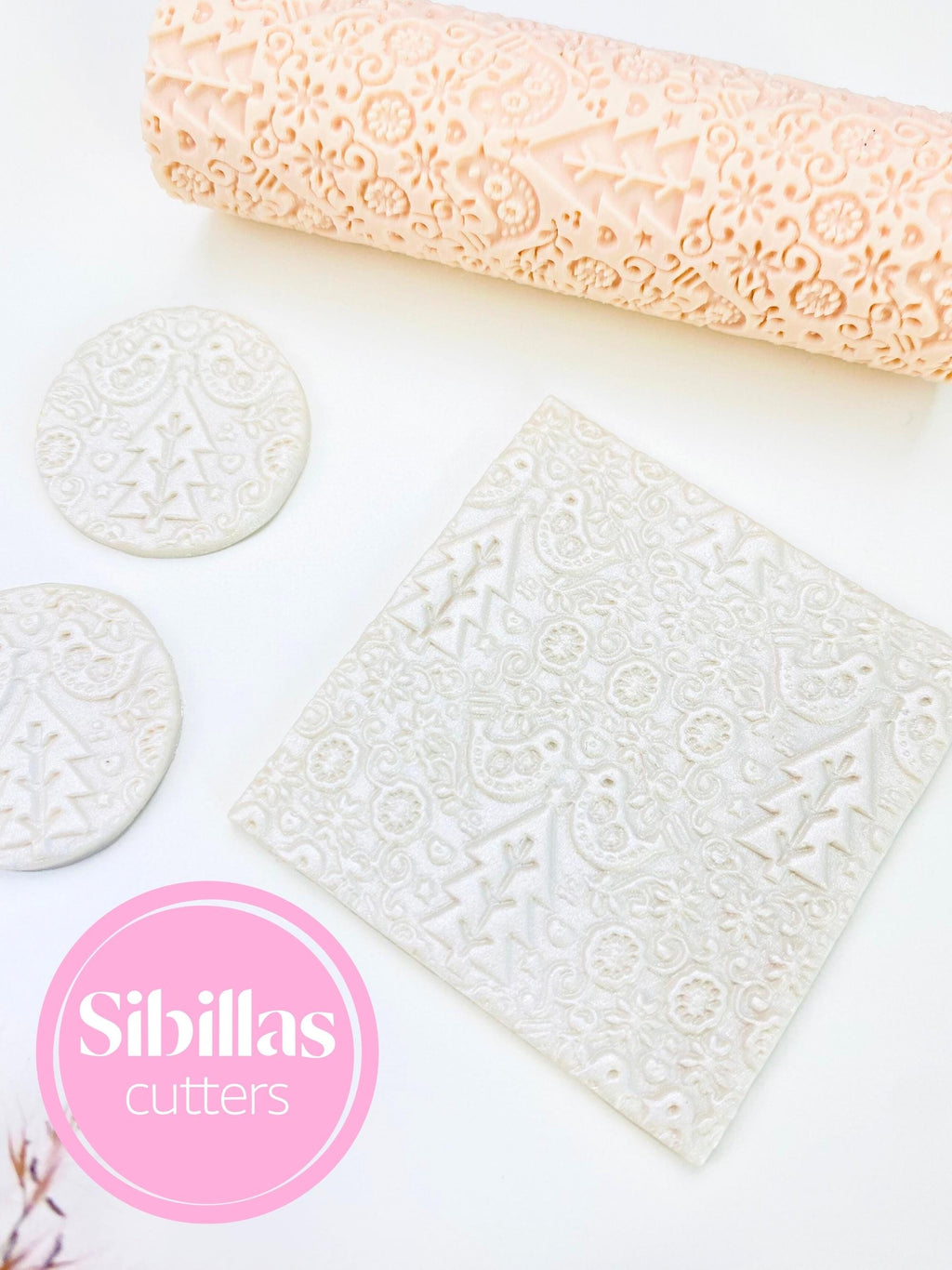 Reusable Nordic holiday clay roller for creating embossed polymer clay sheets and jewelry