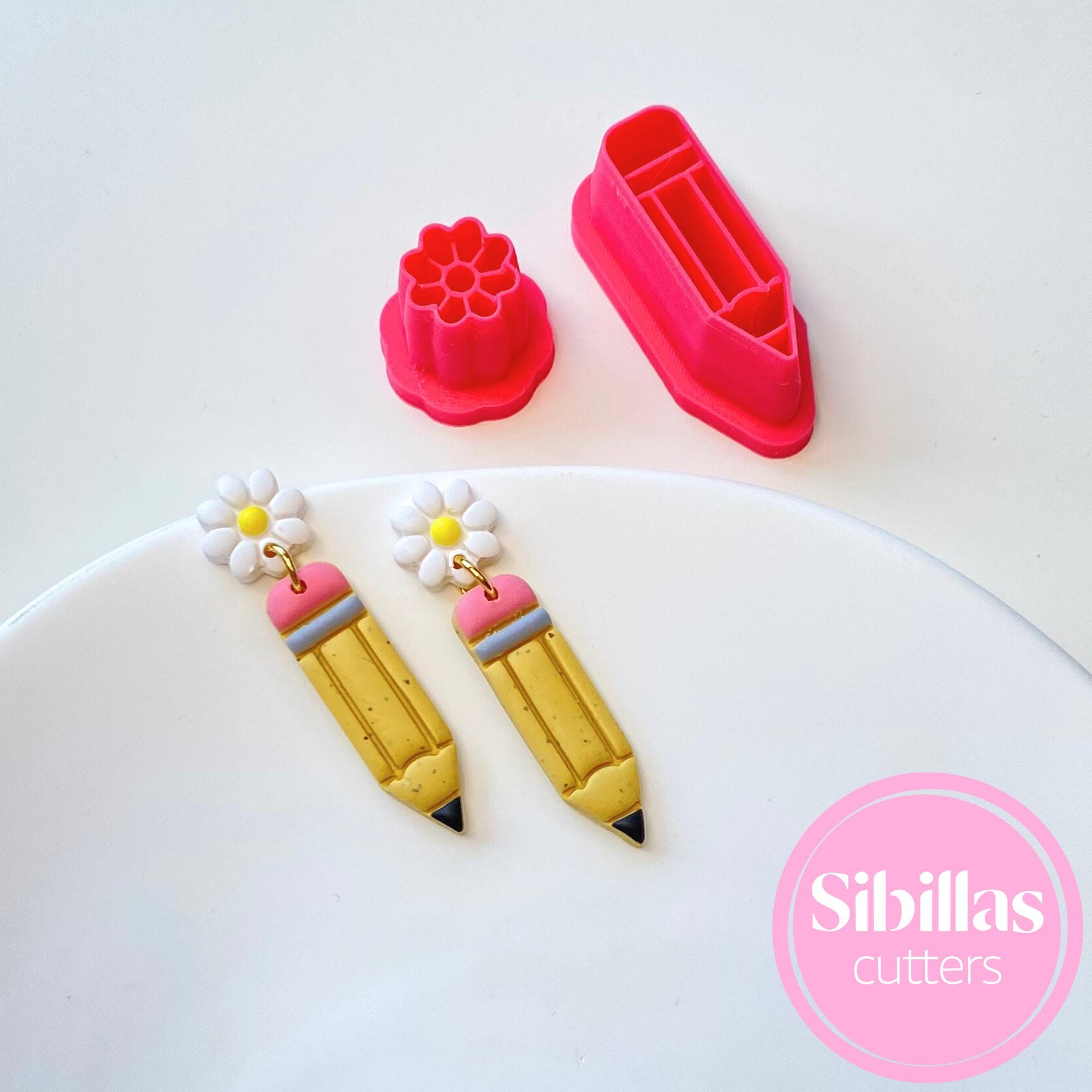 Polymer clay cutter shaped like a pencil flower for handmade teacher-themed jewelry