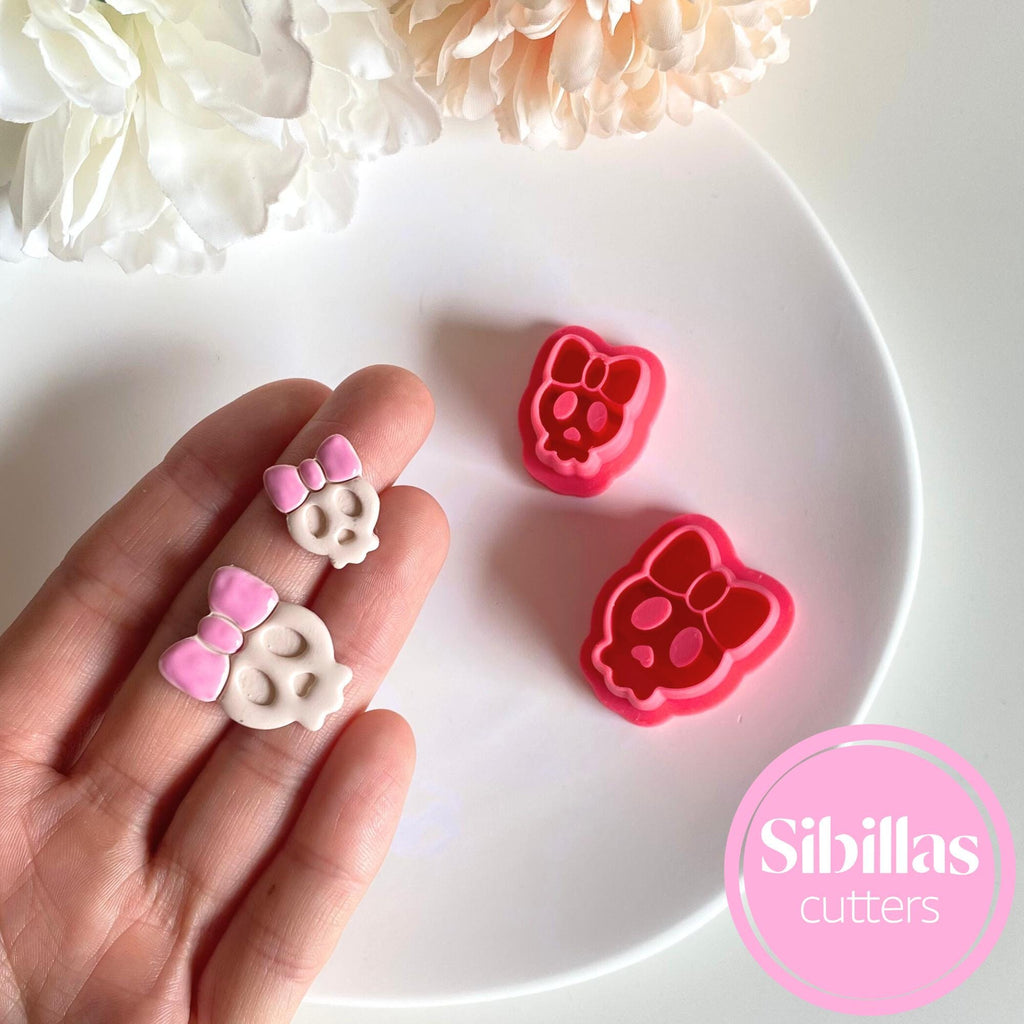 Skull with bow polymer clay cutter for Halloween earrings and spooky jewelry crafts