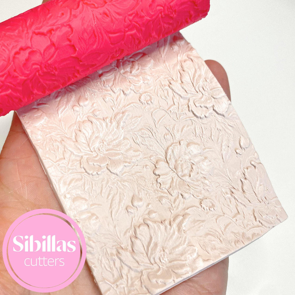 Reusable clay texture roller with peony flower motif for handmade jewelry and crafts