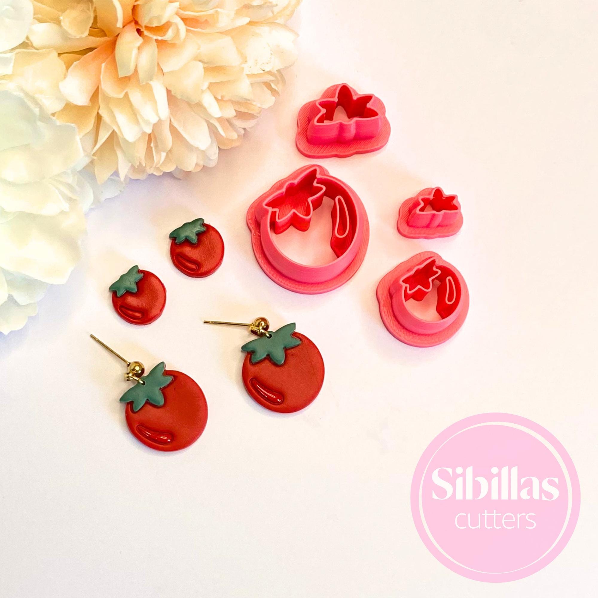Polymer clay cutter set featuring tomato shapes for cute earrings and crafts