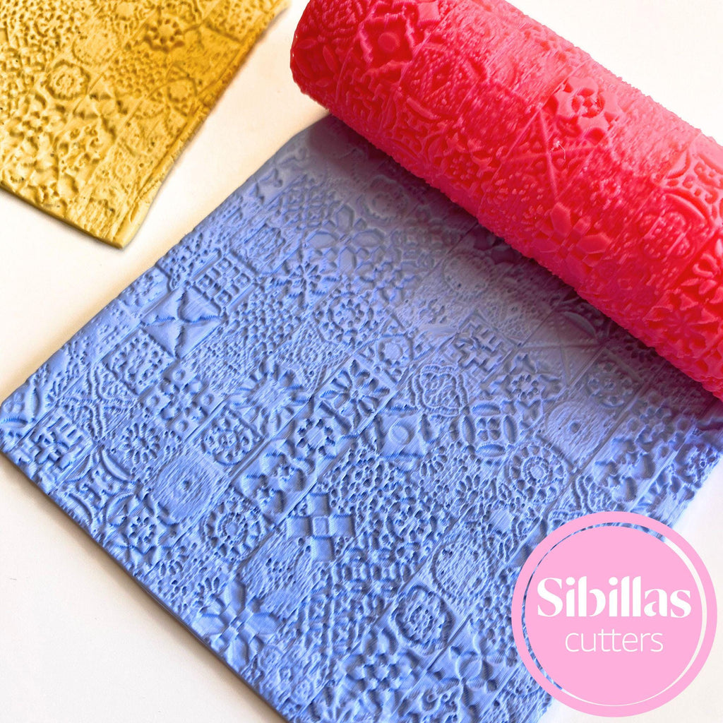 Polymer clay texture tool featuring Moroccan mini tile design for DIY projects
