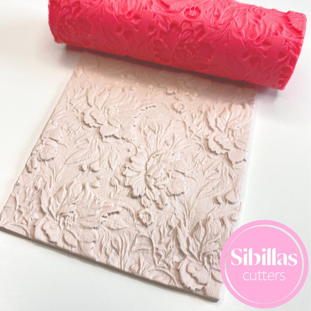 Embossing roller with peony floral design for polymer clay earrings and DIY projects